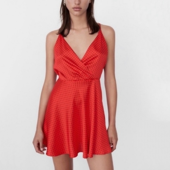 NWT Zara Silky Polka Dot Tie Back Mini Dress Red & Black - Picture 2 of 10